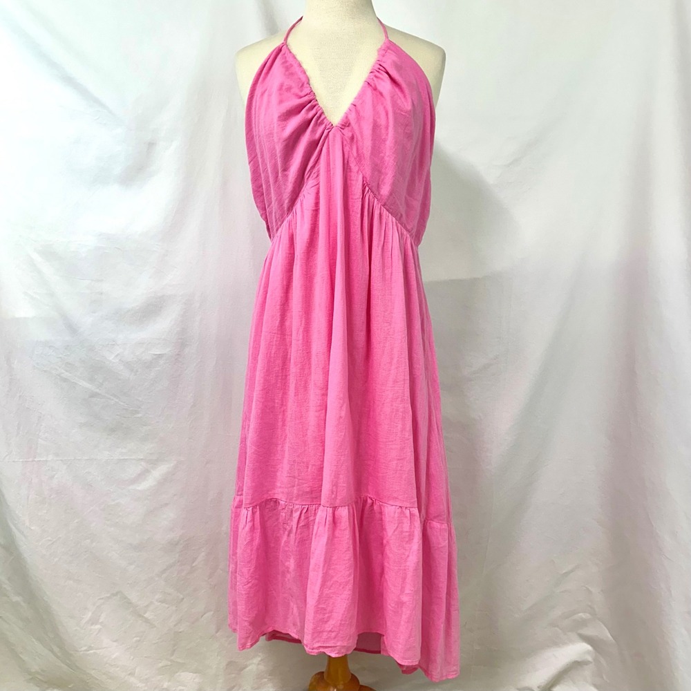 GAP 100% Cotton Pink Halter V-Neck Tiered Midi Sun Dress Women's XL Summer Beach